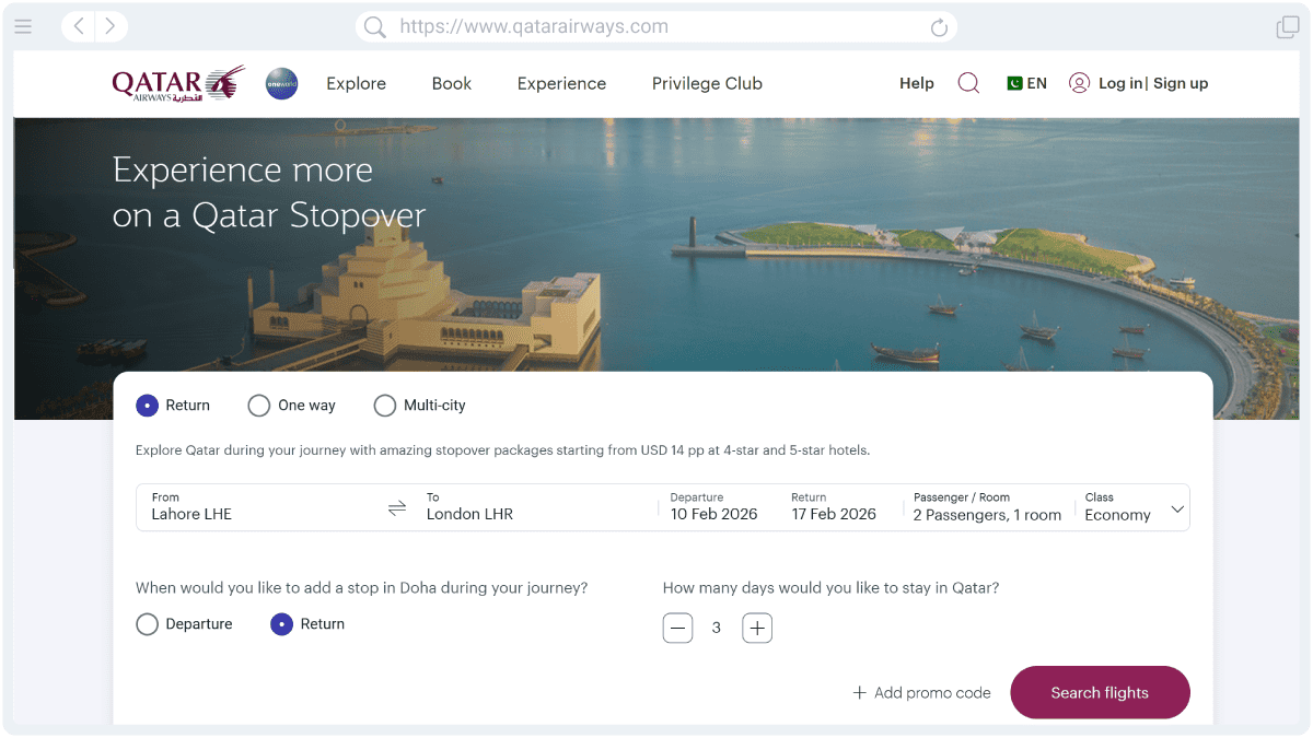 Qatar Airways stopover website