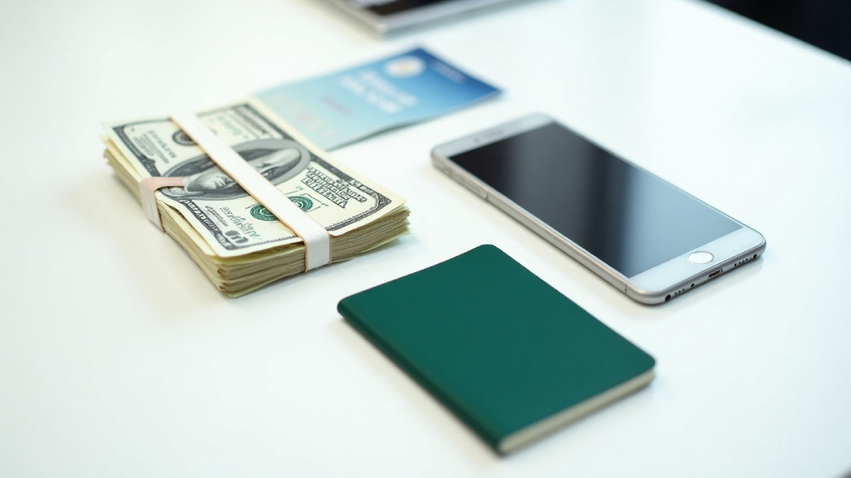 Passport, currency, phone and boarding card